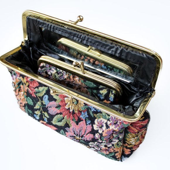 Vintage Floral Tapestry Purse + Makeup Bag w/ Mirror Set 1950s Retro - Picture 6 of 8